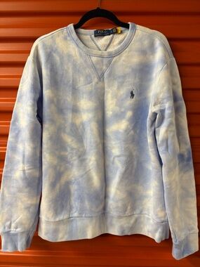 Polo Ralph Lauren men's tie-dye crewneck in a blue and white "cloud" pattern.